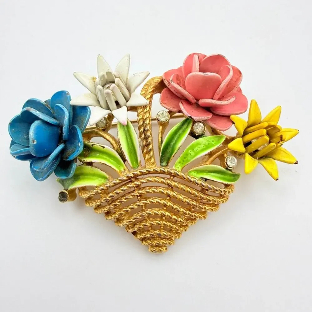 Vintage Crown Trifari Multicolor Enamel Flower Gold Tone Basket Brooch/Pin